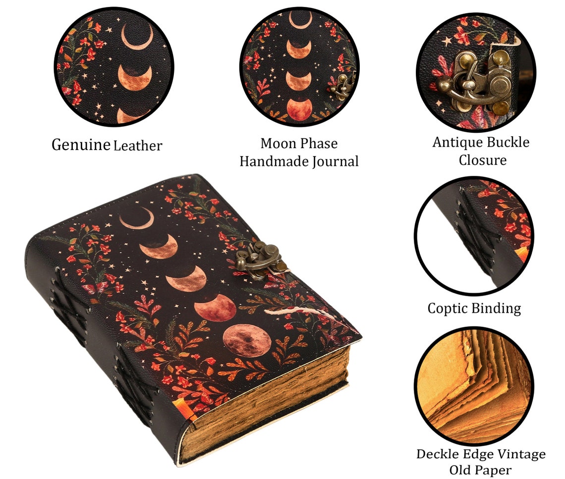 Moon Phase Vintage Leather Journal for Men & Women 200 Pages of Antique Handmade Deckle Edge Vintage Paper, Leather Sketchbook, Great Gift