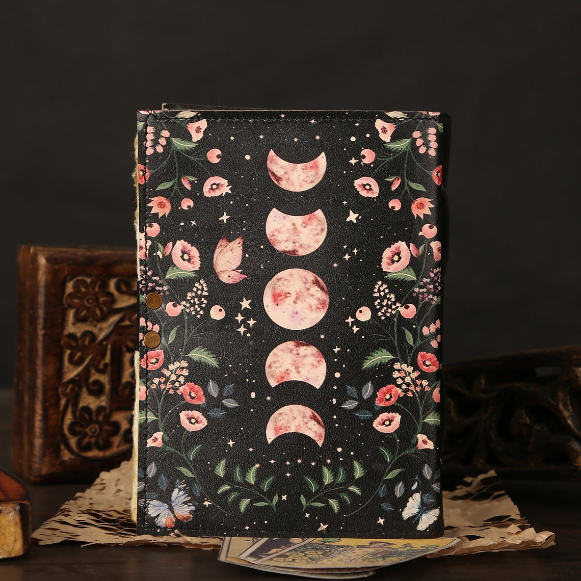 Moon Phases Vintage Leather Journal for Men & Women 200 Pages of Antique Handmade Deckle Edge Vintage Paper, Leather Sketchbook, Great Gifts