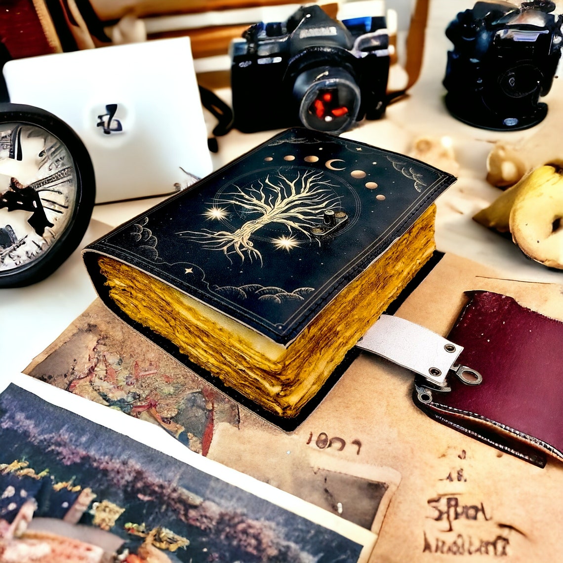 400 Page Large Grimoire leather journal, Tree of Life fat Leather Journal, Blank spell book book of shadows Celestial Gifts For Him Her