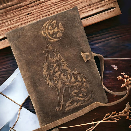 Wolf Embossed Vintage leather Journal - Blank Spell Book of Shadows, Grimoire Journal, Travel Writing Notebook, Antique Deckle Edge Paper