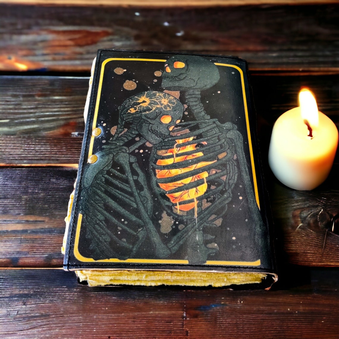 Book of Spells Grimoire Printed Journal The Lovers Tarot Notebook Spiral Gothic Notebook Skull lover Antique Journals gifts for men or women