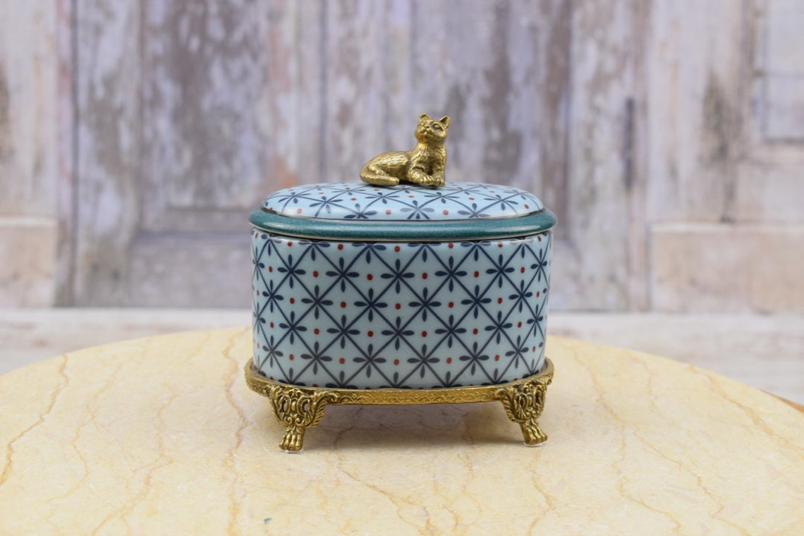 Antique Blue Porcelain Casket with Bronze Ornaments - Porcelain Box with Lid on Bronze Base - Cat-shaped Handle - Home Decor - Gift Idea