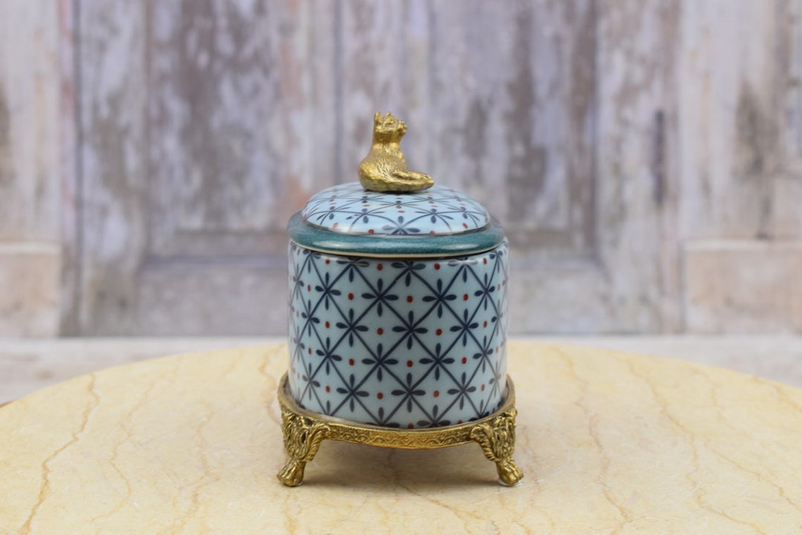 Antique Blue Porcelain Casket with Bronze Ornaments - Porcelain Box with Lid on Bronze Base - Cat-shaped Handle - Home Decor - Gift Idea