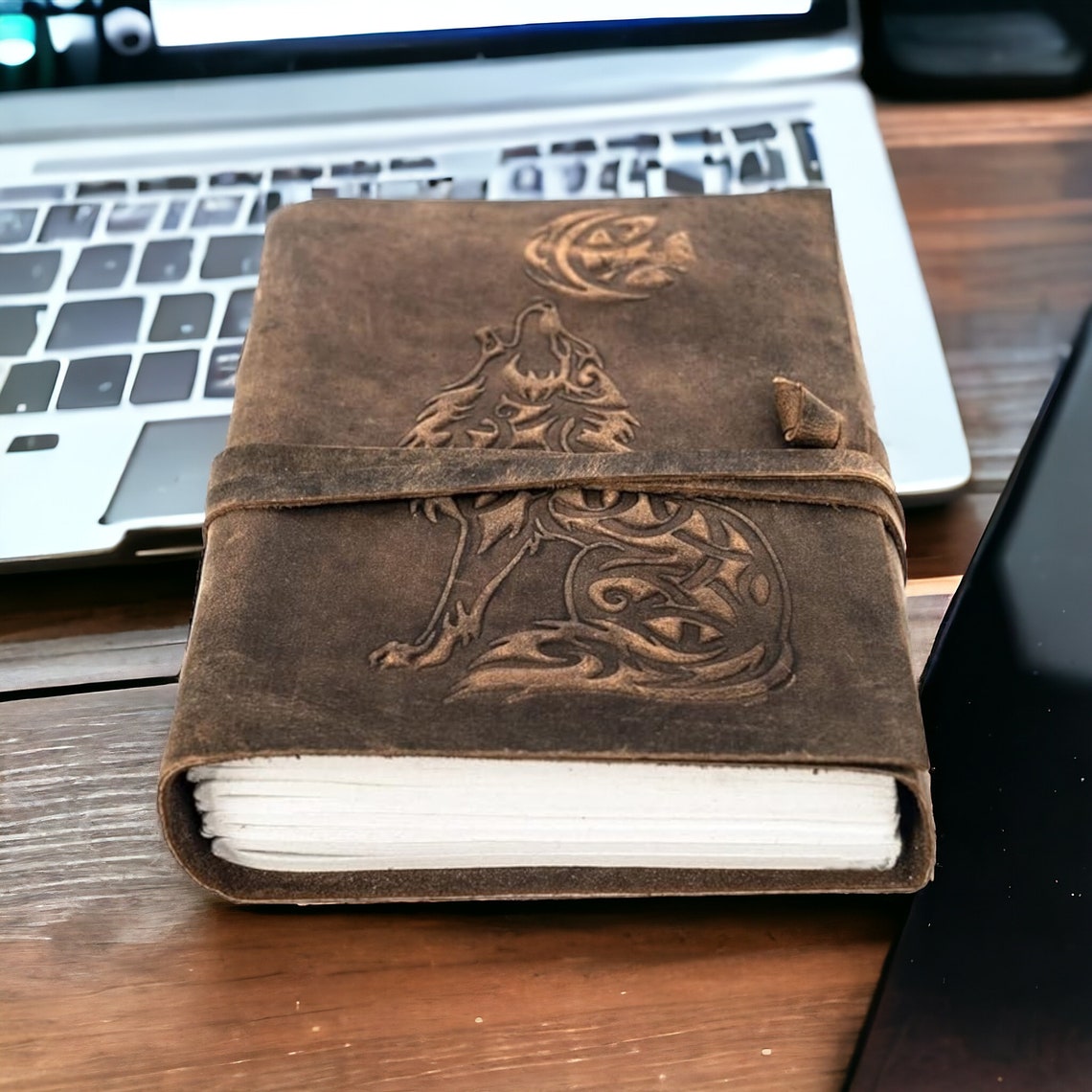 Wolf Embossed Vintage leather Journal - Blank Spell Book of Shadows, Grimoire Journal, Travel Writing Notebook, Antique Deckle Edge Paper