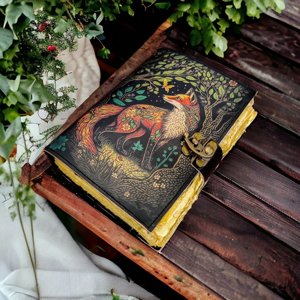 Fox Leather Journal Rustic vintage leather journal Antique Handmade Deckle Edge Paper Book of Shadows, Sketchbook -gift for men and women