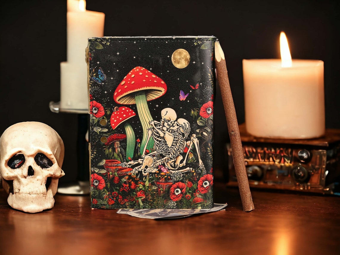 Blank Spell Book of Shadows Mushroom Skull Skeleton lovers Journal Witchcraft Tarot Gothic Notebook Antique Vintage best gift for him her