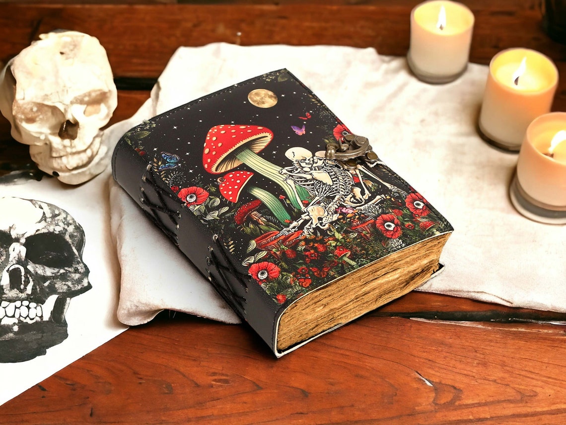 Blank Spell Book of Shadows Mushroom Skull Skeleton lovers Journal Witchcraft Tarot Gothic Notebook Antique Vintage best gift for him her