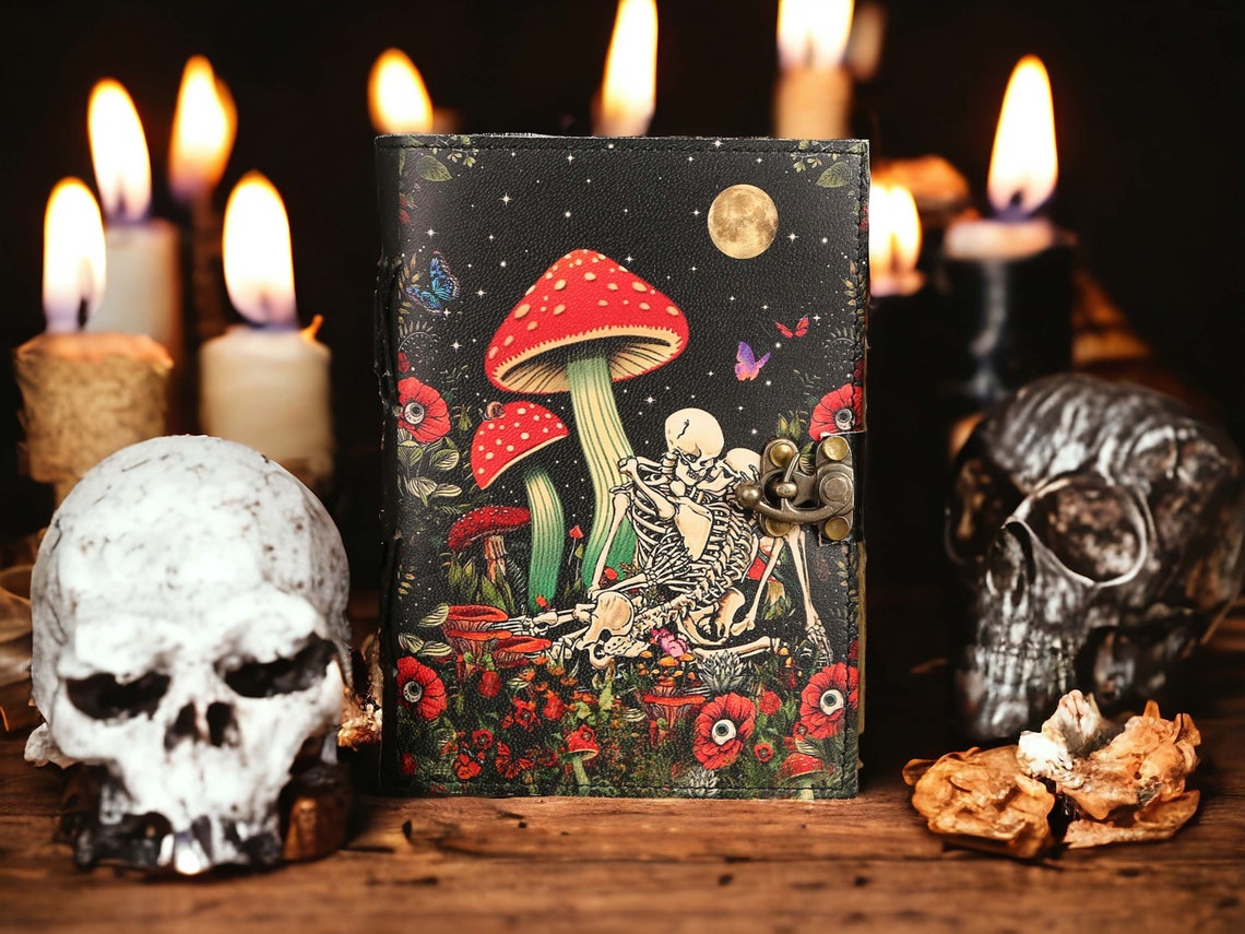 Blank Spell Book of Shadows Mushroom Skull Skeleton lovers Journal Witchcraft Tarot Gothic Notebook Antique Vintage best gift for him her