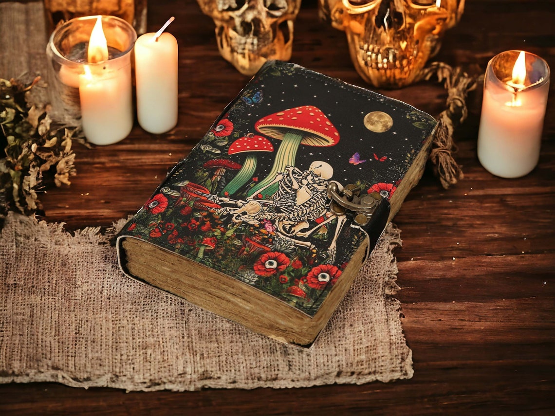 Blank Spell Book of Shadows Mushroom Skull Skeleton lovers Journal Witchcraft Tarot Gothic Notebook Antique Vintage best gift for him her