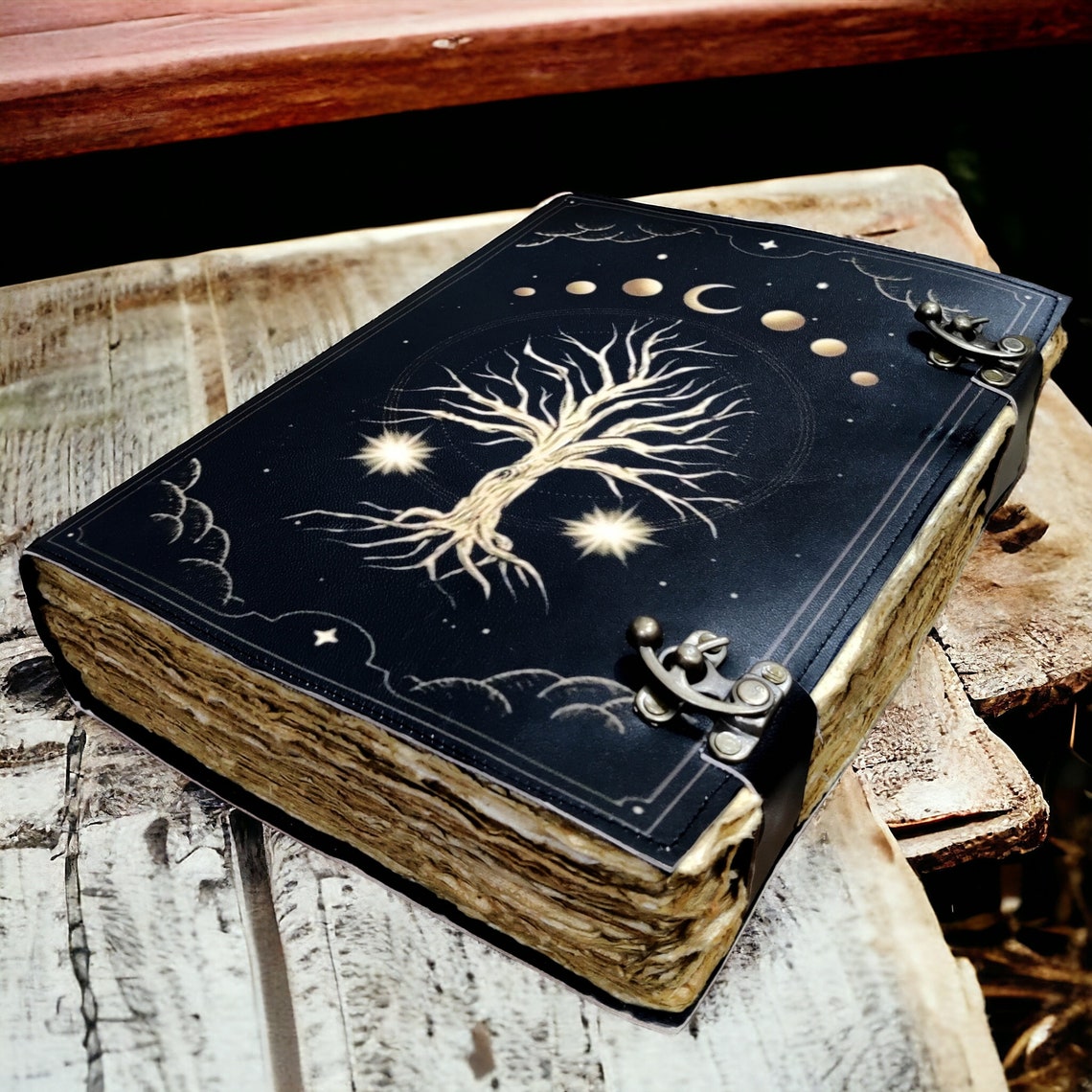 400 Page Large Grimoire leather journal, Tree of Life fat Leather Journal, Blank spell book book of shadows Celestial Gifts For Him Her