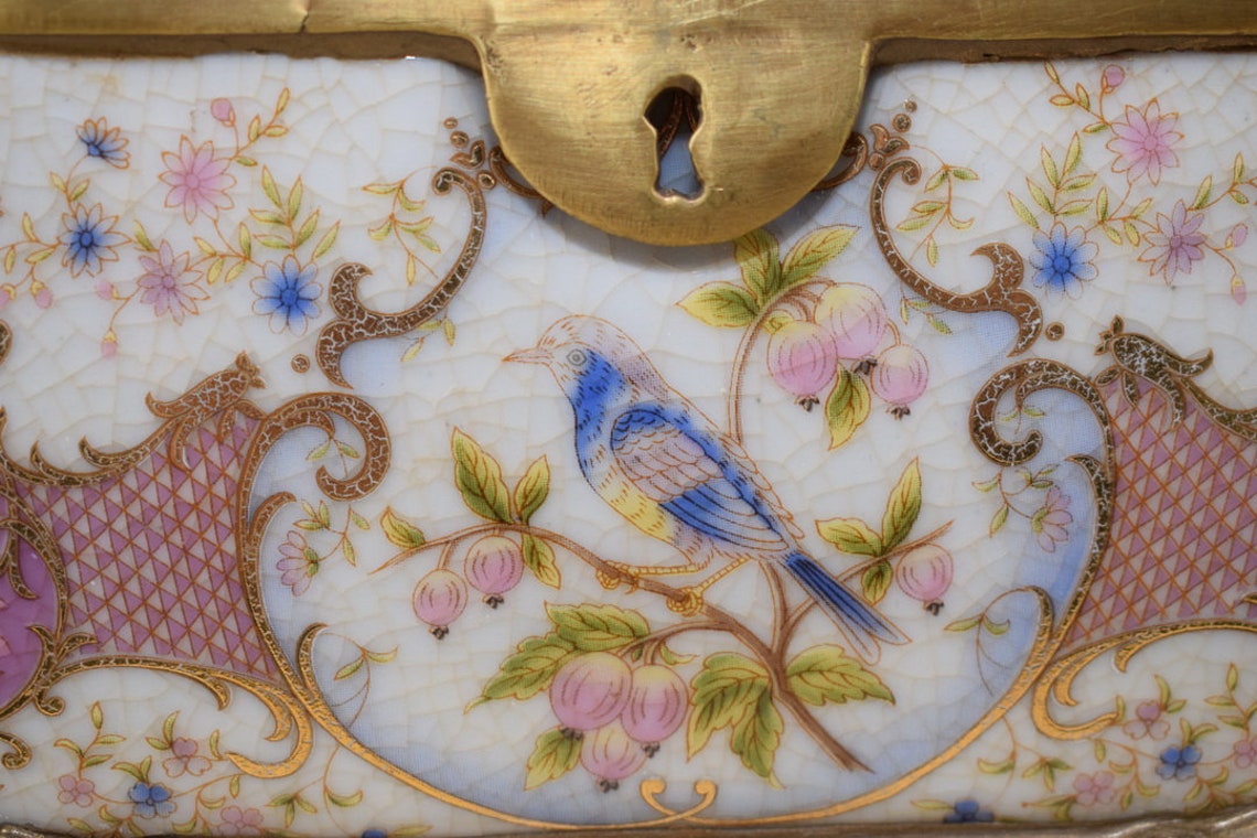 Antique Porcelain Box with Flowers Ornaments - Bronze Ornaments - Kitchen Decor - Jewelry Box - Foundry Mark - Exclusive Casket - Home Decor