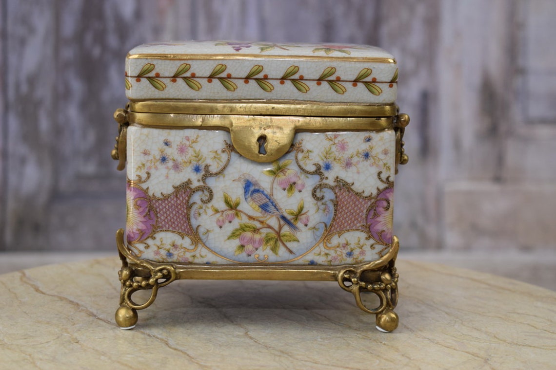 Antique Porcelain Box with Flowers Ornaments - Bronze Ornaments - Kitchen Decor - Jewelry Box - Foundry Mark - Exclusive Casket - Home Decor