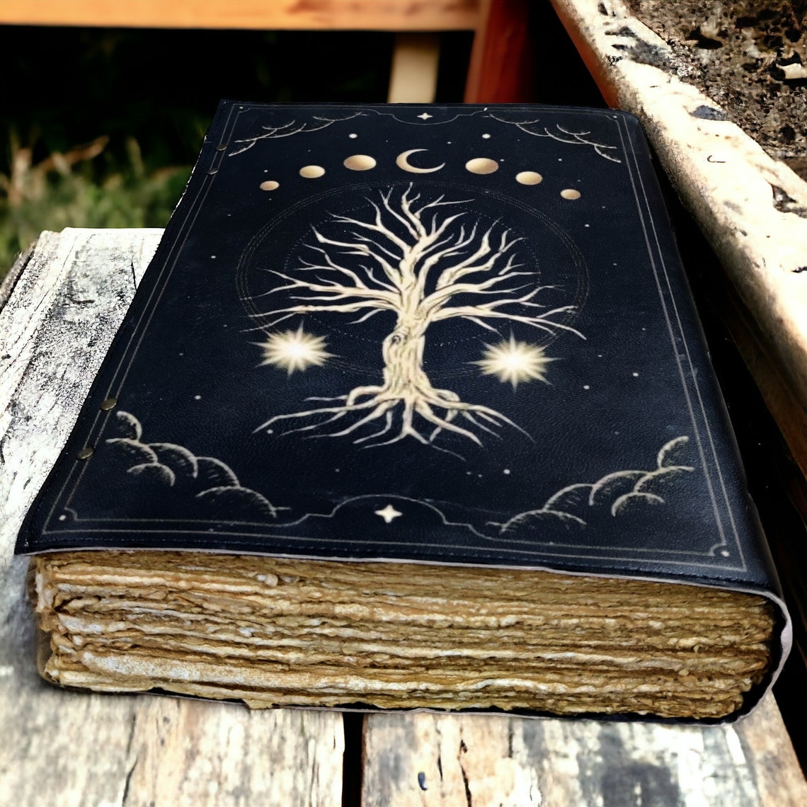 400 Page Large Grimoire leather journal, Tree of Life fat Leather Journal, Blank spell book book of shadows Celestial Gifts For Him Her