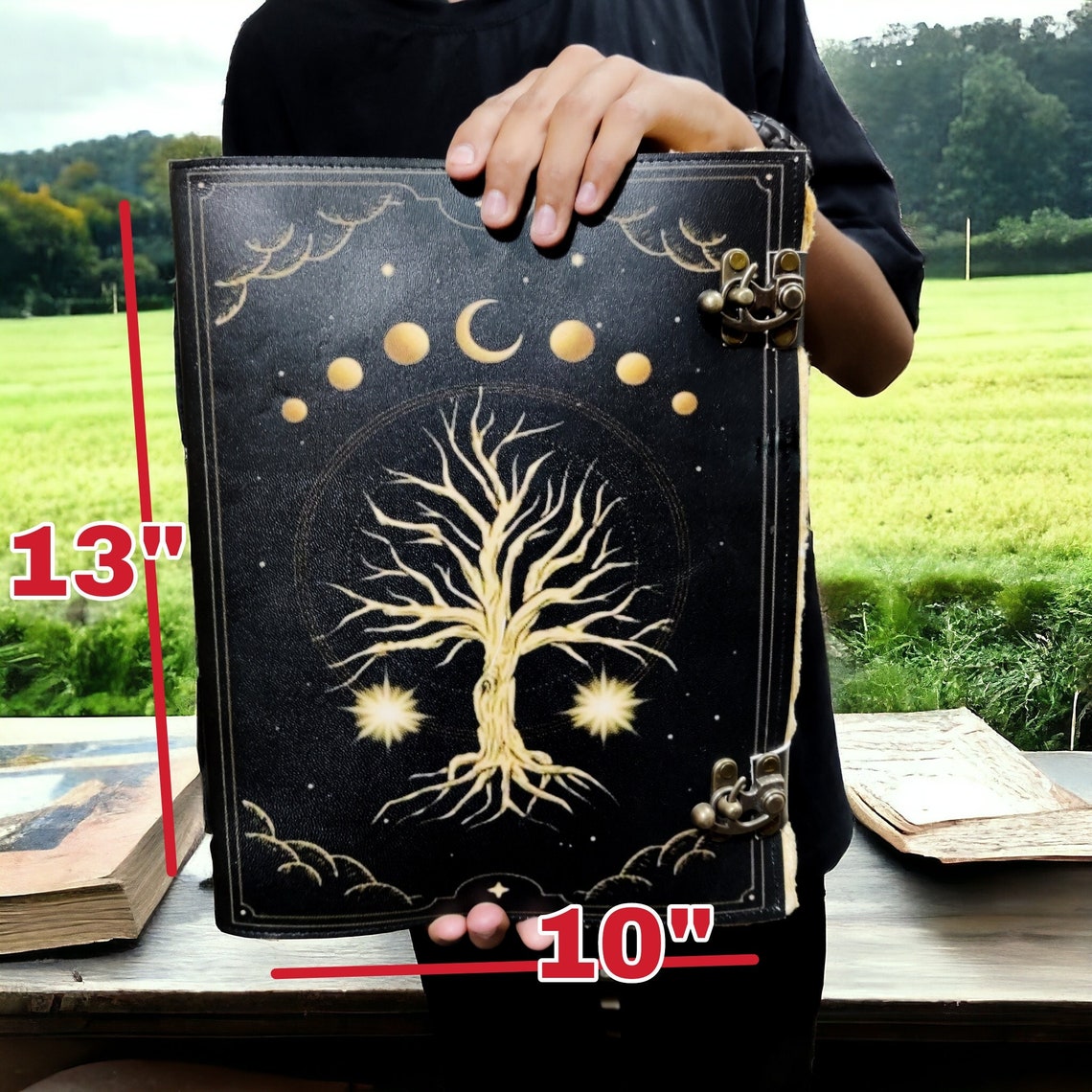 400 Page Large Grimoire leather journal, Tree of Life fat Leather Journal, Blank spell book book of shadows Celestial Gifts For Him Her