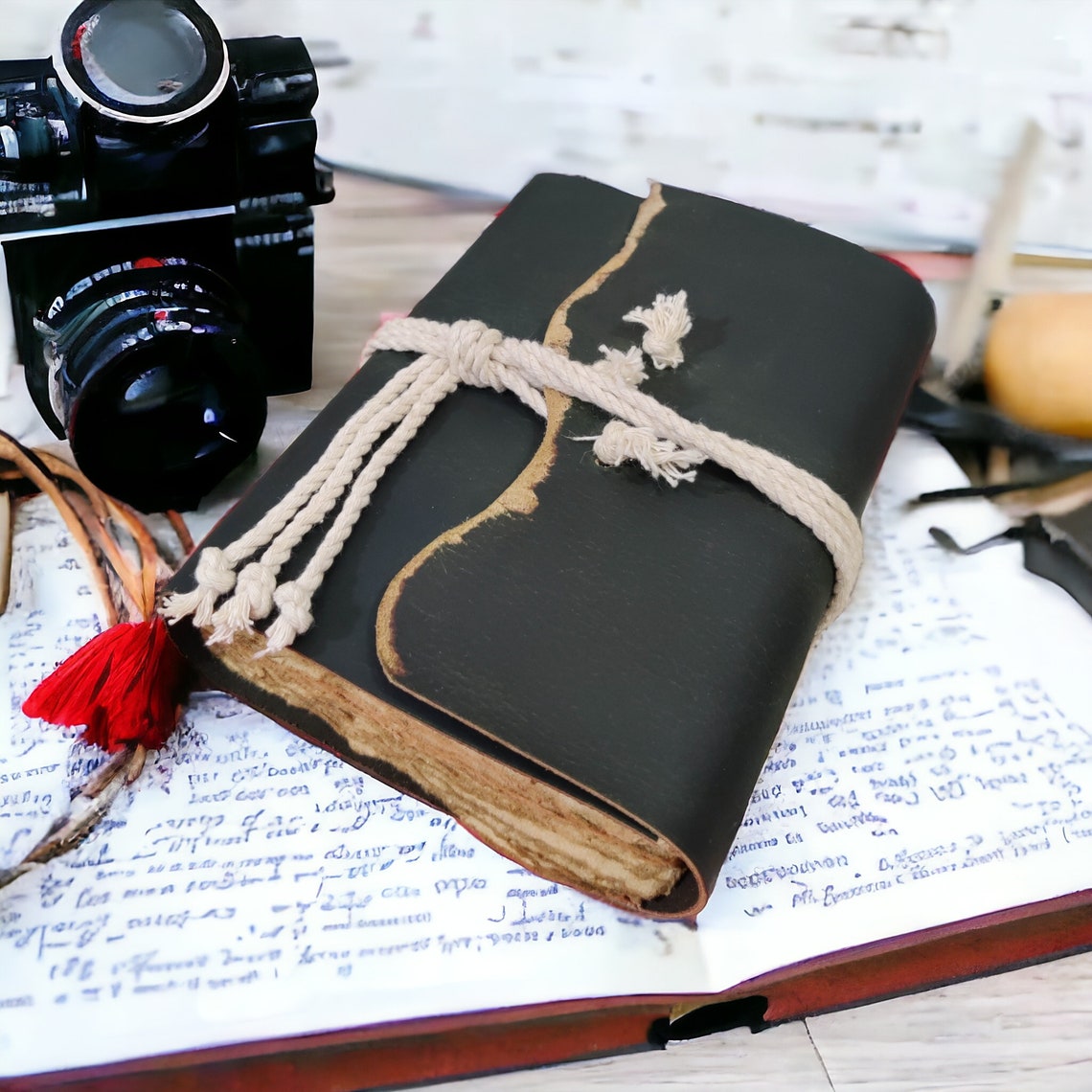 Vintage leather Journal -Travel Writing Notebook Blank Spell Book of Shadows, Grimoire Journal, , Antique Deckle Edge Paper Christmas Gift