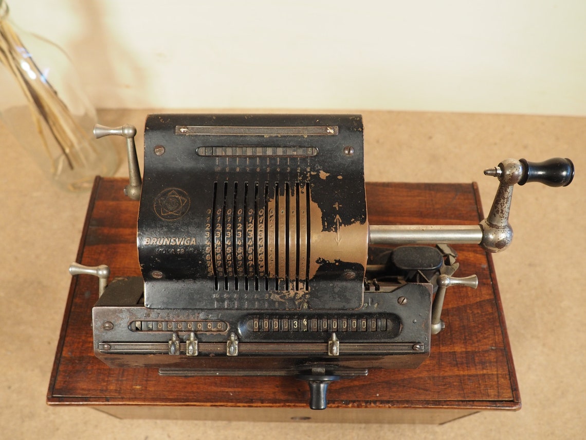 Original BRUNSVIGA Calculator (1920's) with base and case rare antique calculating machine calculation