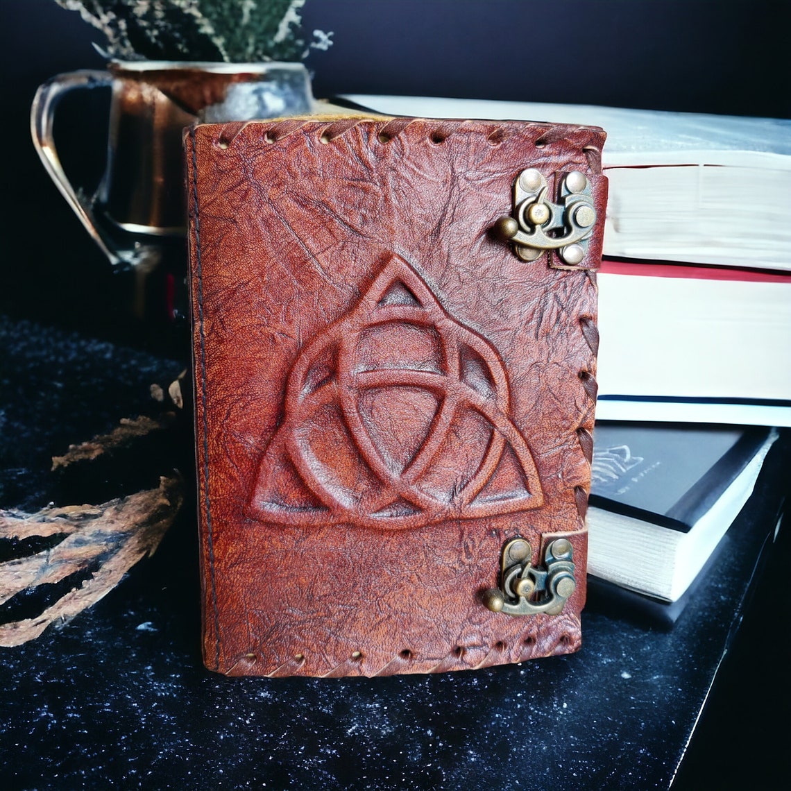 Triquetra Vintage leather Journal - Blank Spell Book of Shadows, Grimoire , Travel Writing Notebook, Antique Deckle Edge Paper - Best Gift