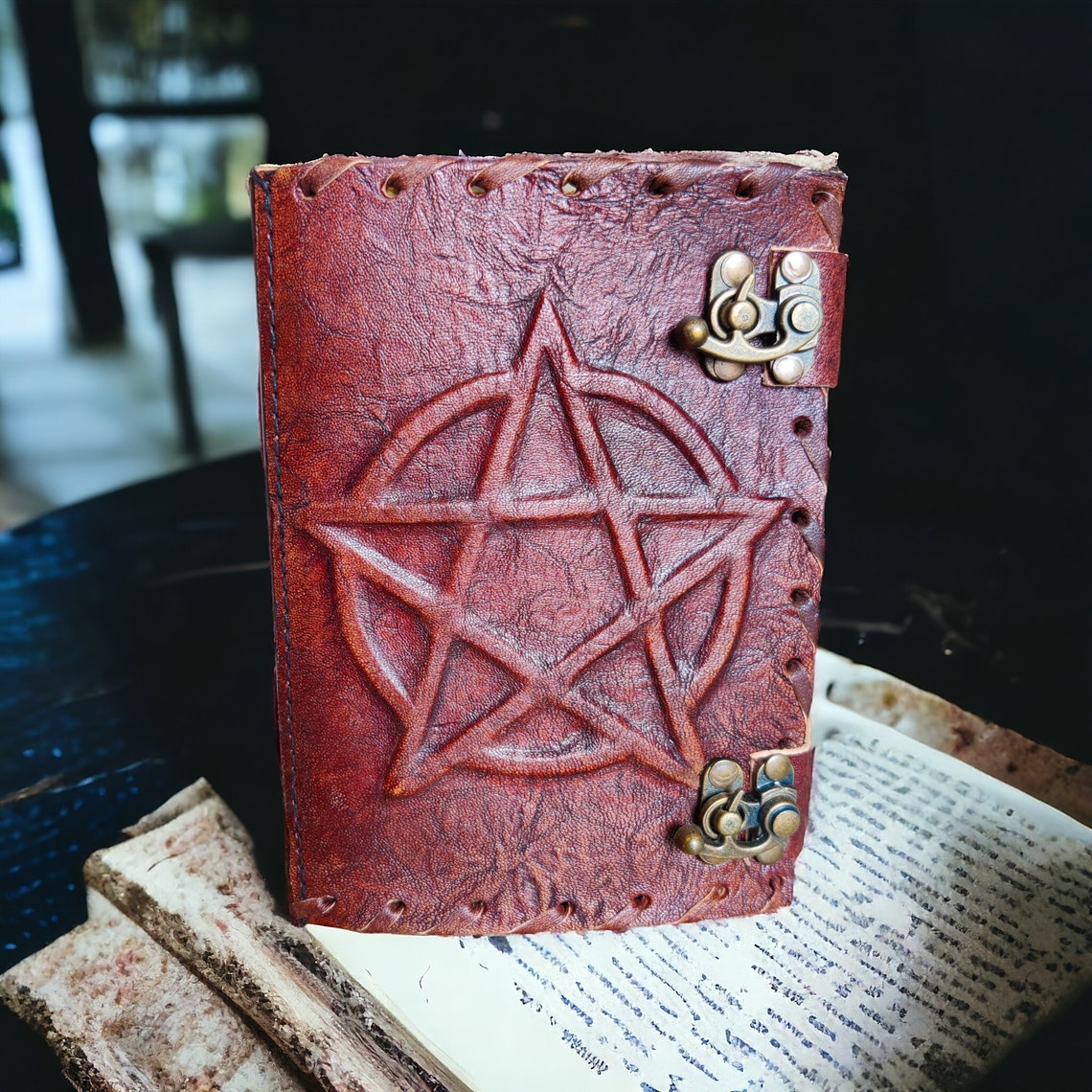 Pentagram Vintage leather Journal - Blank Spell Book of Shadows, Grimoire , Travel Writing Notebook, Antique Deckle Edge Paper - Best Gift