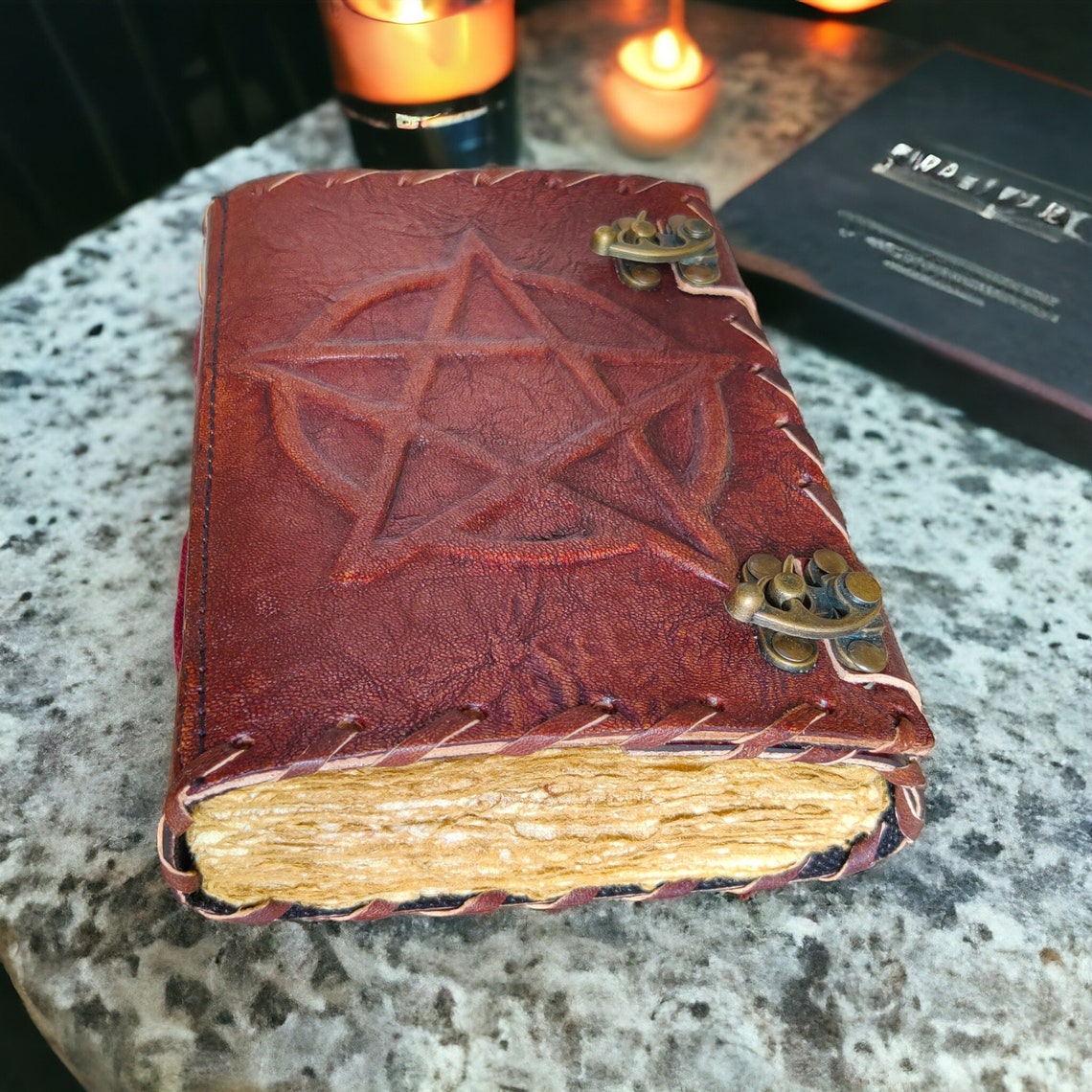 Pentagram Vintage leather Journal - Blank Spell Book of Shadows, Grimoire , Travel Writing Notebook, Antique Deckle Edge Paper - Best Gift