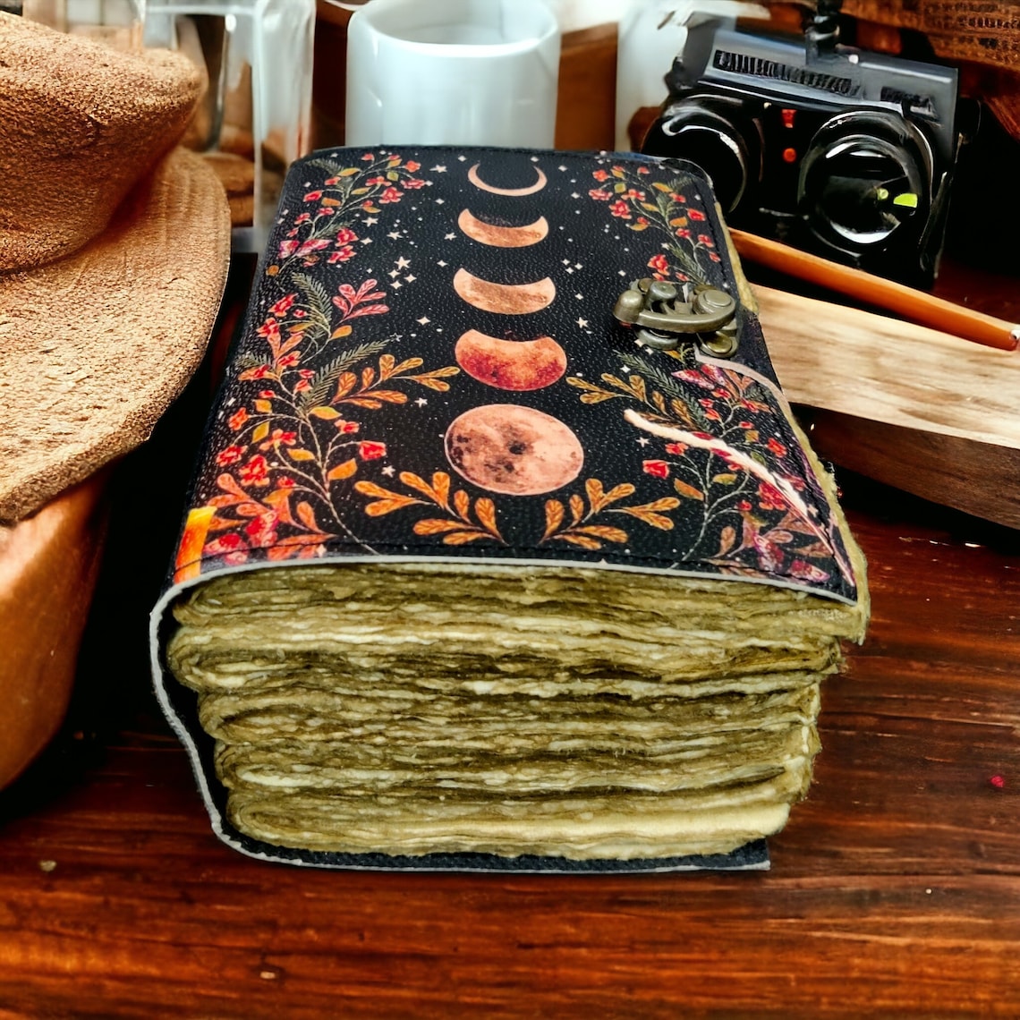 400 Page Large Grimoire Vintage leather journal, Moon Phase Fat Journal, Blank spell book of shadows Celestial Christmas Gifts For Him Her