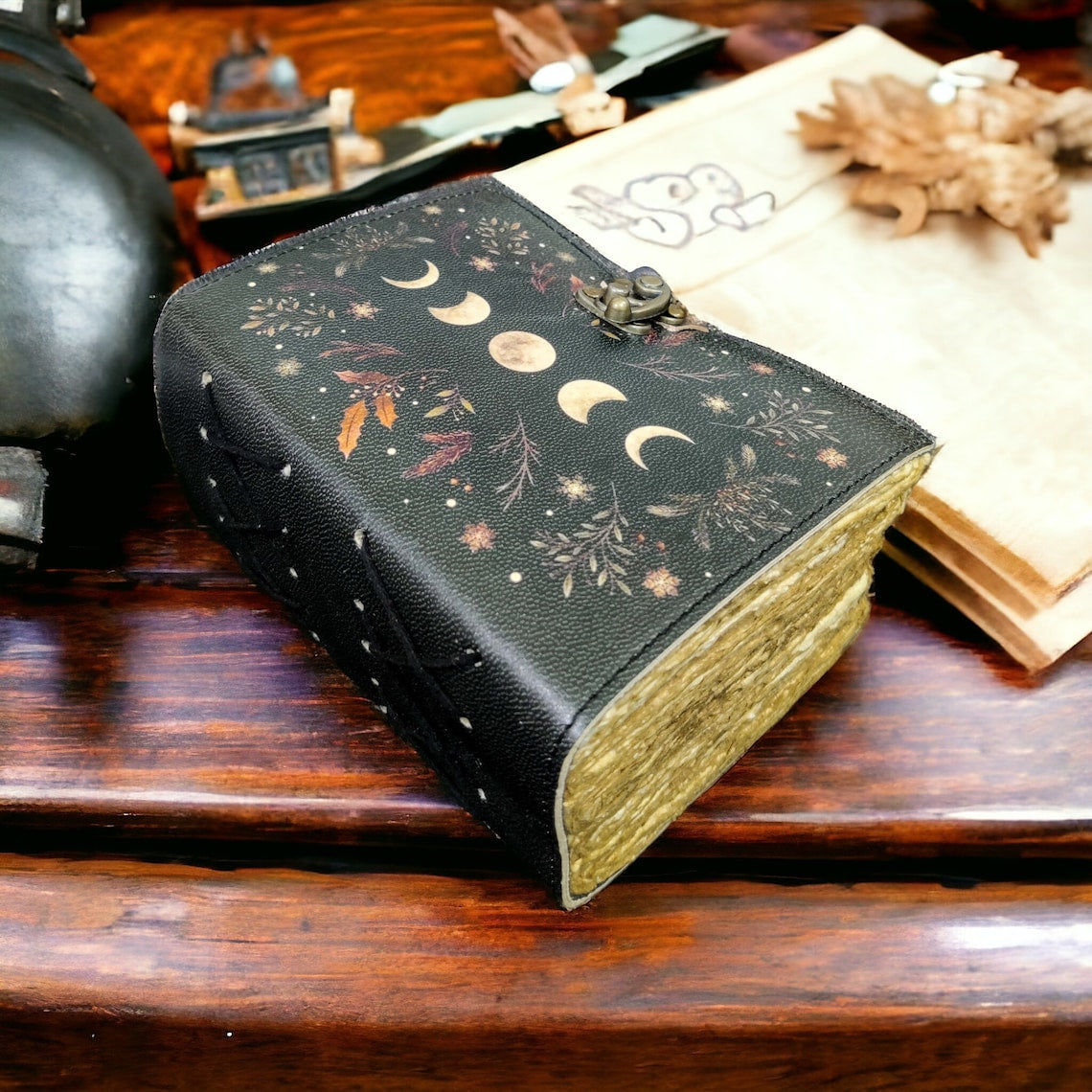 400 Page Large Grimoire Vintage leather journal, Moon Phase Handmade Fat Journal, Blank spell book of shadows Celestial Gifts For Him Her