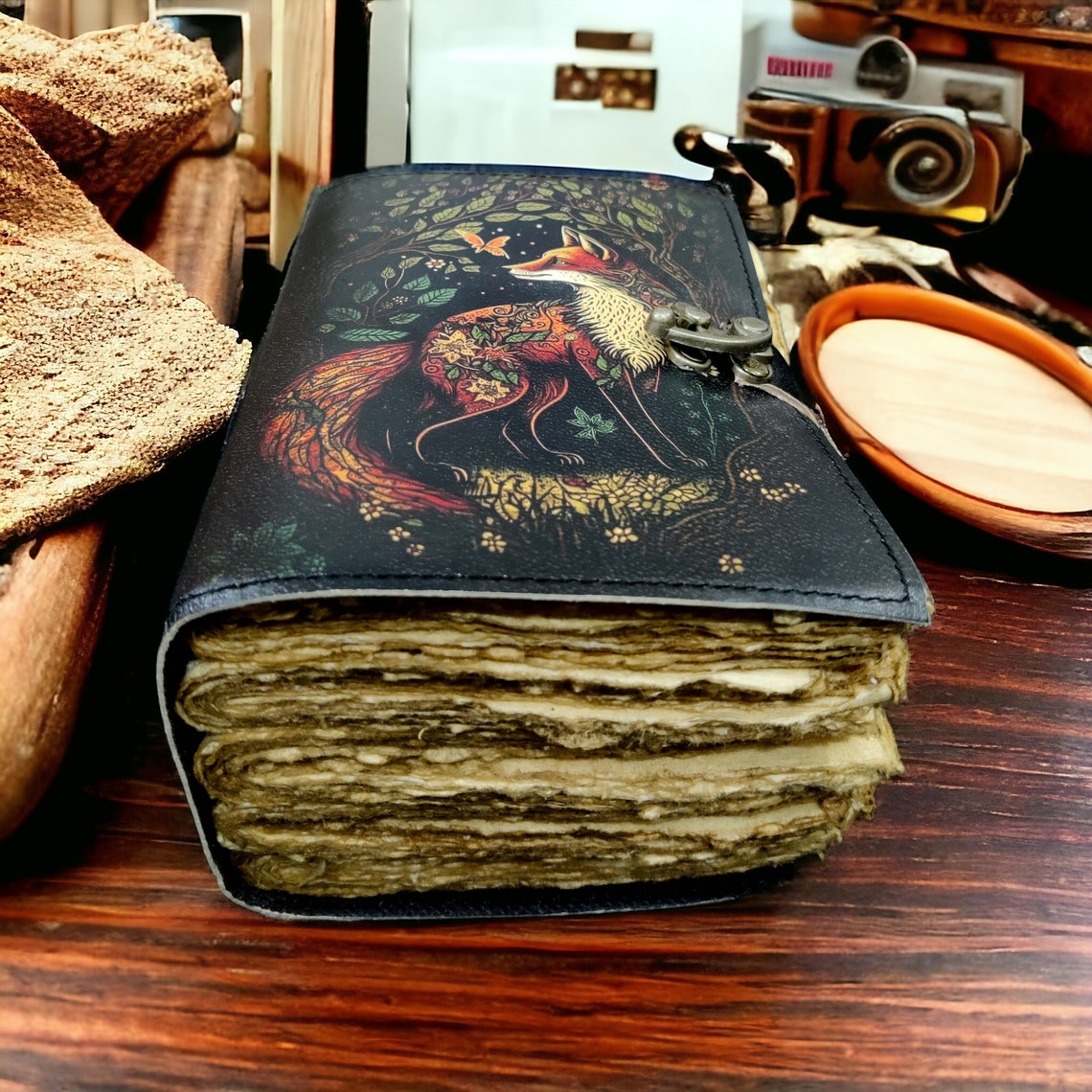 400 Page Large Fox Vintage Handmade leather Journal, Grimoire Fat journal Blank spell book of shadows Celestial Christmas Gifts For Him Her