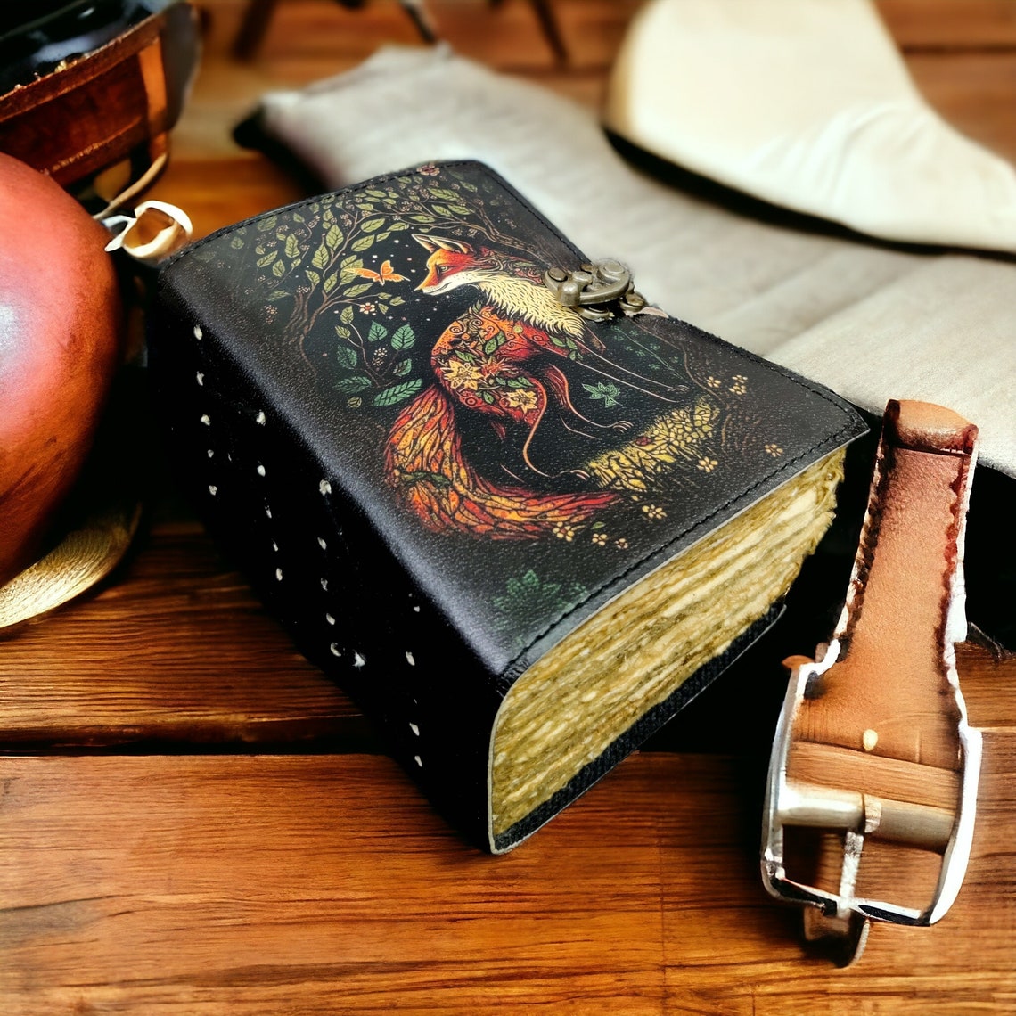 400 Page Large Fox Vintage Handmade leather Journal, Grimoire Fat journal Blank spell book of shadows Celestial Christmas Gifts For Him Her