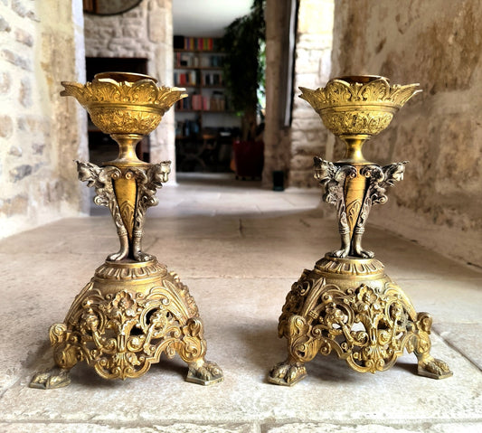 Glorious pair of rare, antique, French, handmade, cast bronze, Ecclesiastical, altar candlesticks. Circa late 1800's / early 1900's