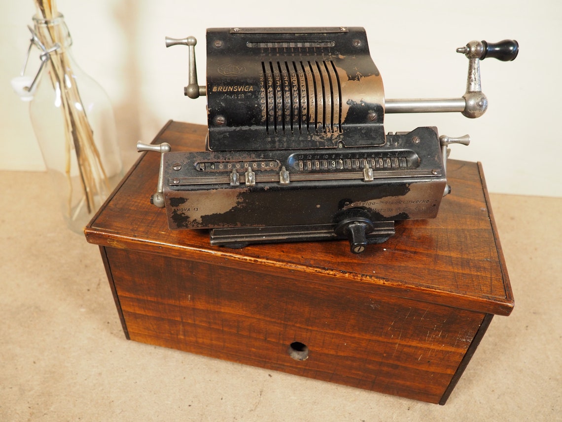 Original BRUNSVIGA Calculator (1920's) with base and case rare antique calculating machine calculation