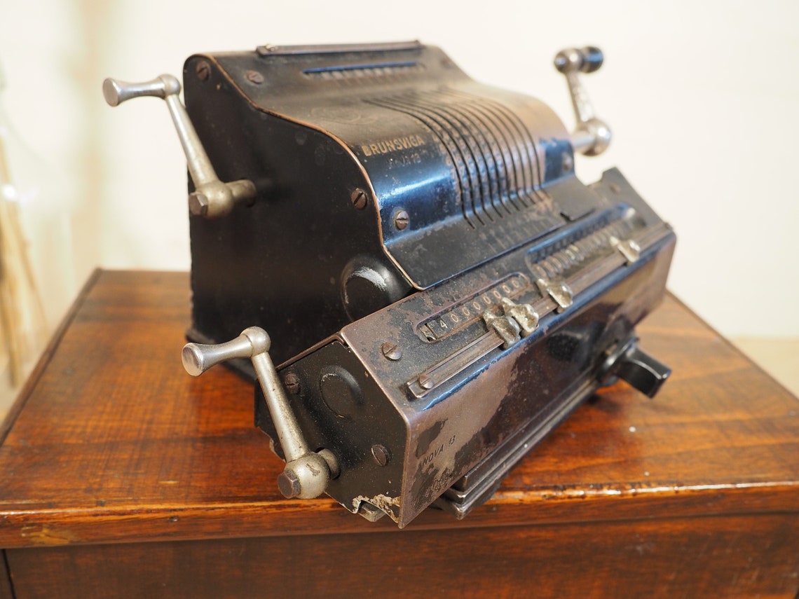 Original BRUNSVIGA Calculator (1920's) with base and case rare antique calculating machine calculation