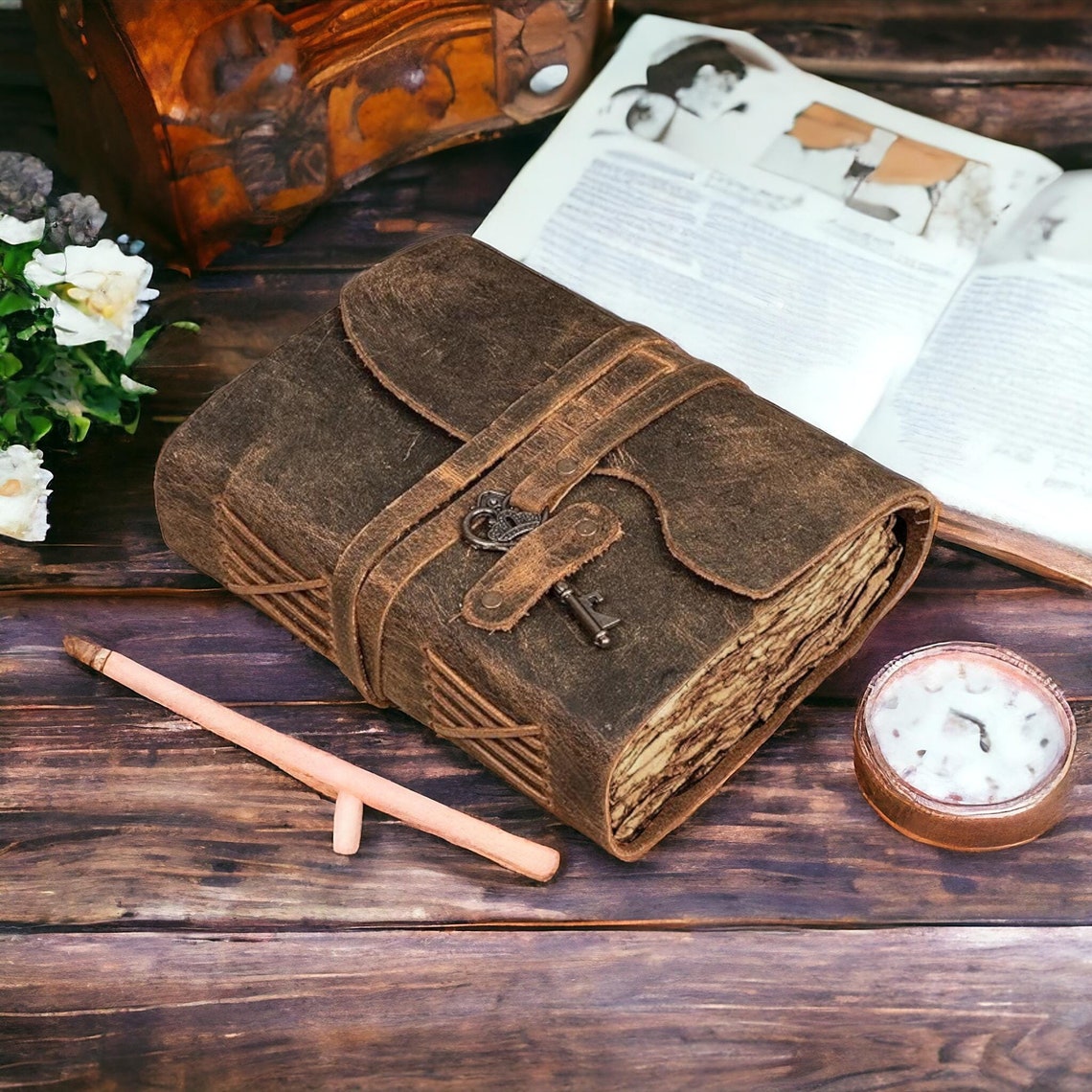 Vintage leather Journal with Key - Blank Spell Book of Shadows, Grimoire Journal, Travel Writing Notebook, Antique Deckle Edge Paper