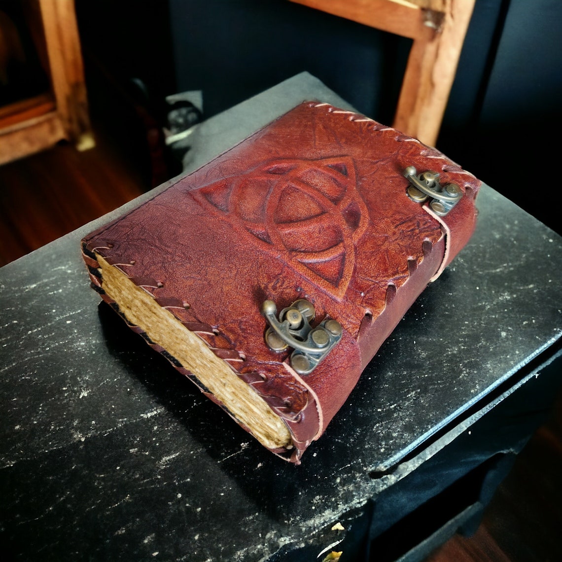 Triquetra Vintage leather Journal - Blank Spell Book of Shadows, Grimoire , Travel Writing Notebook, Antique Deckle Edge Paper - Best Gift