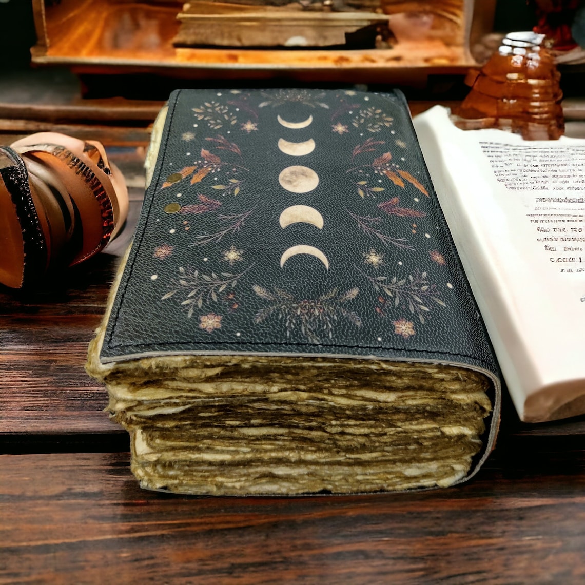 400 Page Large Grimoire Vintage leather journal, Moon Phase Handmade Fat Journal, Blank spell book of shadows Celestial Gifts For Him Her