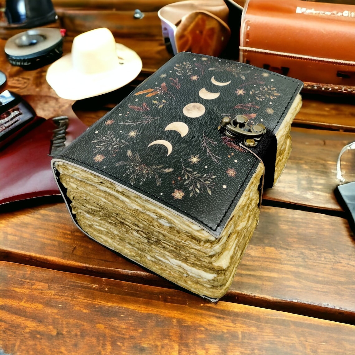 400 Page Large Grimoire Vintage leather journal, Moon Phase Handmade Fat Journal, Blank spell book of shadows Celestial Gifts For Him Her