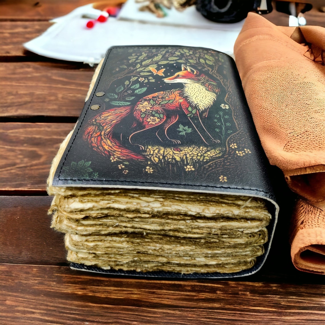 400 Page Large Fox Vintage Handmade leather Journal, Grimoire Fat journal Blank spell book of shadows Celestial Christmas Gifts For Him Her