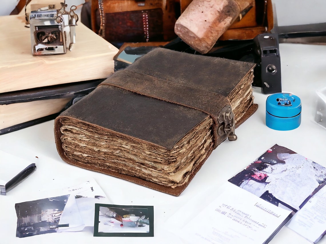 Vintage leather Journal - Blank Spell Book of Shadows, Grimoire Journal, Travel Writing Notebook, Antique Deckle Edge Paper Lock Closure