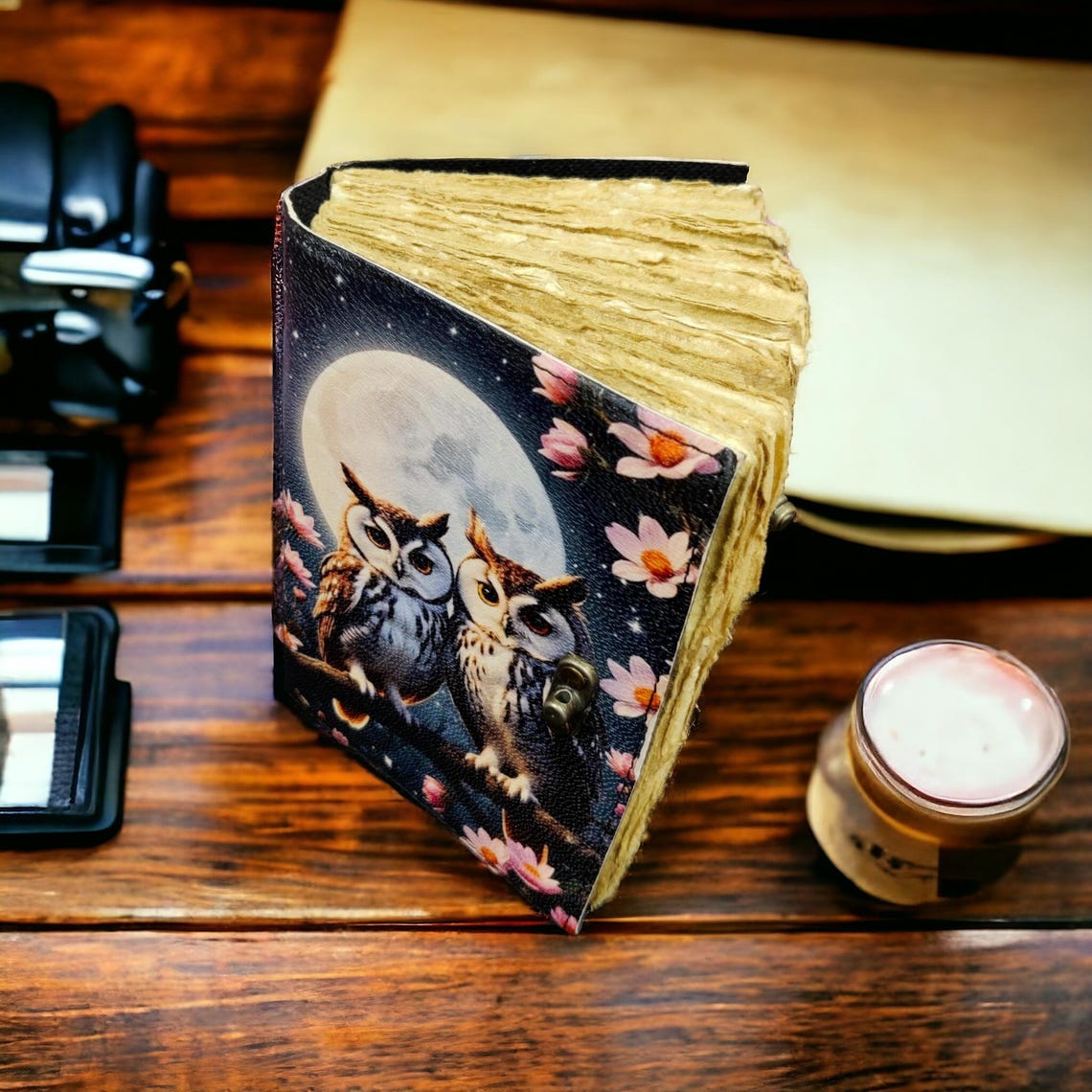 Owl Vintage leather Journal - Blank Spell Book of Shadows, Grimoire , Travel Writing Notebook, Antique Deckle Edge Paper with Lock Closure