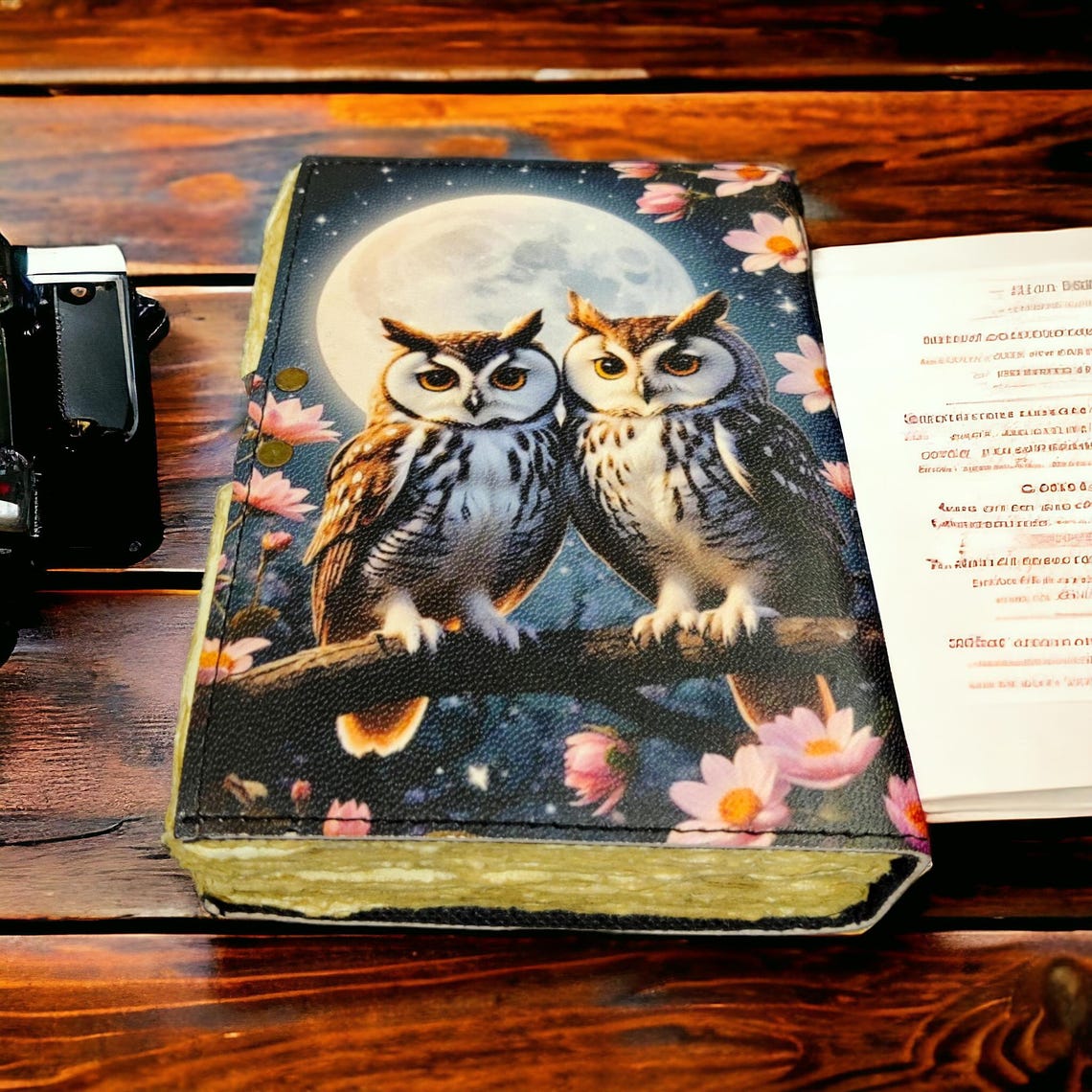 Owl Vintage leather Journal - Blank Spell Book of Shadows, Grimoire , Travel Writing Notebook, Antique Deckle Edge Paper with Lock Closure