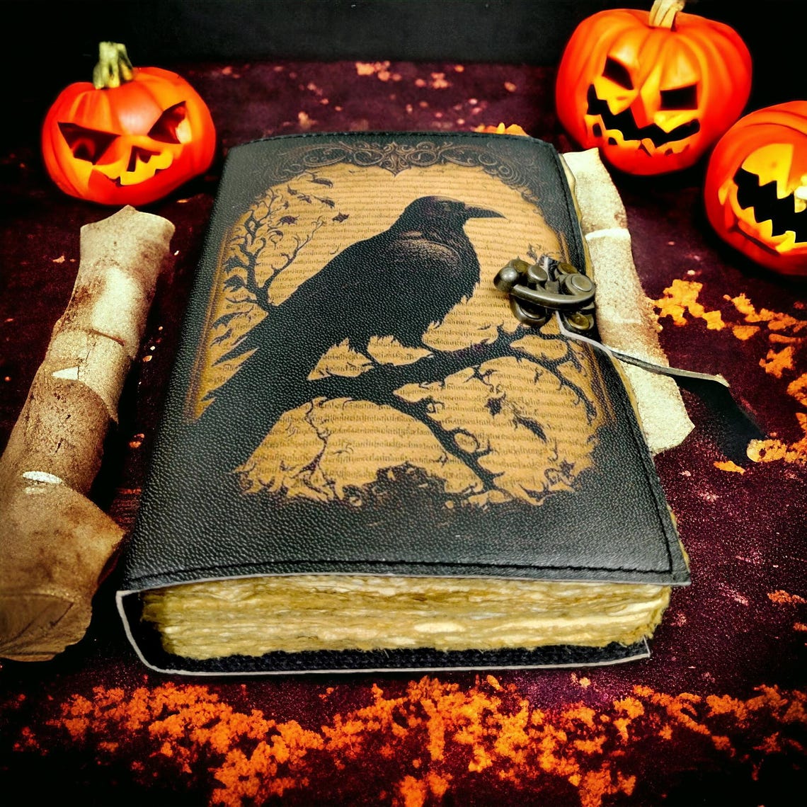 Raven Vintage leather Journal - Blank Spell Book of Shadows, Grimoire , Travel Writing Notebook, Antique Deckle Edge Paper , Lock Closure,