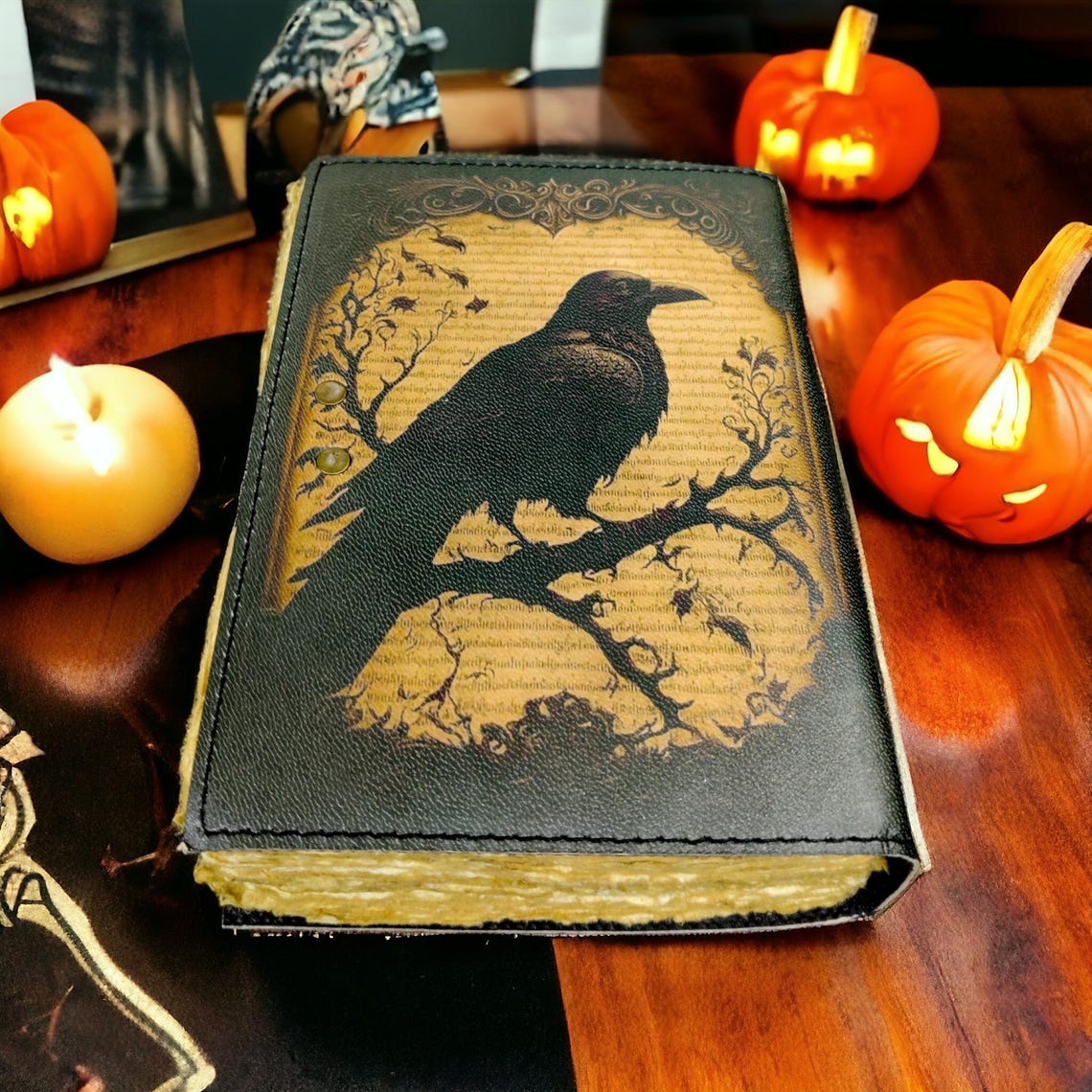 Raven Vintage leather Journal - Blank Spell Book of Shadows, Grimoire , Travel Writing Notebook, Antique Deckle Edge Paper , Lock Closure,