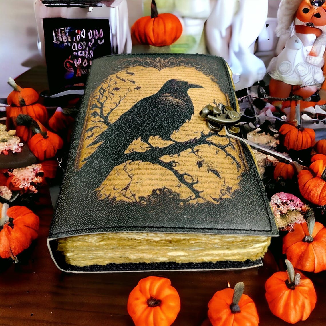 Raven Vintage leather Journal - Blank Spell Book of Shadows, Grimoire , Travel Writing Notebook, Antique Deckle Edge Paper , Lock Closure,