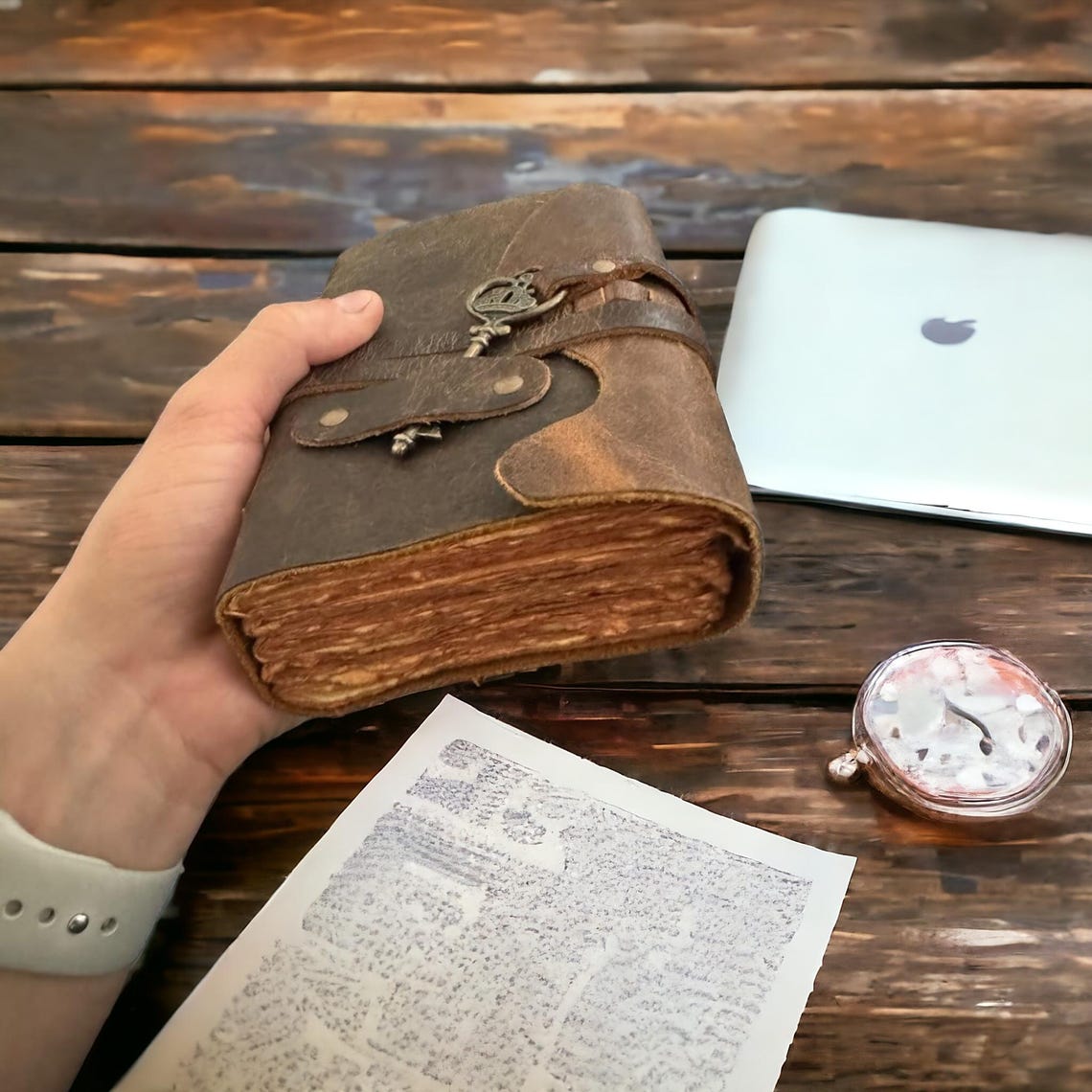 Vintage leather Journal with Key - Blank Spell Book of Shadows, Grimoire Journal, Travel Writing Notebook, Antique Deckle Edge Paper