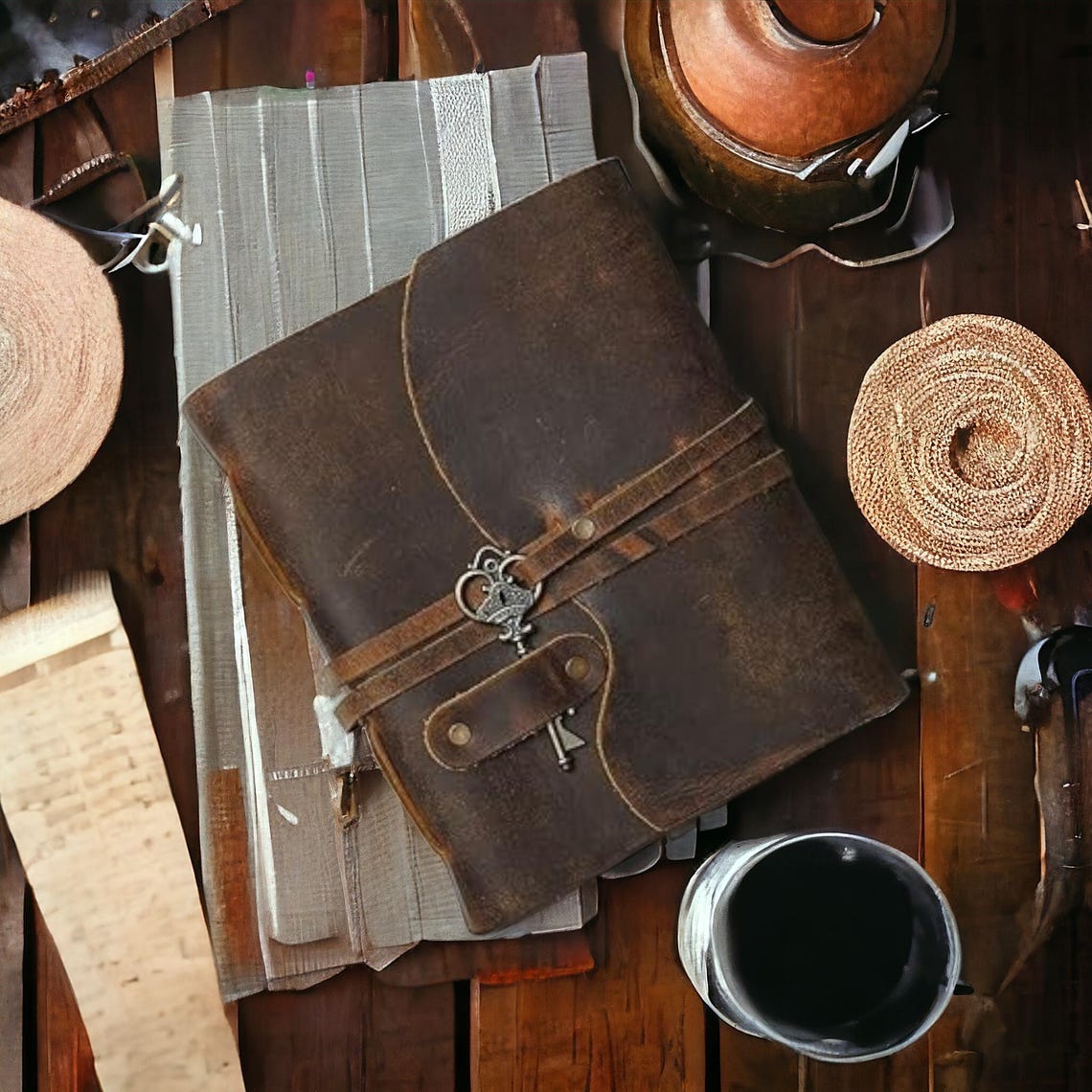 Vintage leather Journal with Key - Blank Spell Book of Shadows, Grimoire Journal, Travel Writing Notebook, Antique Deckle Edge Paper