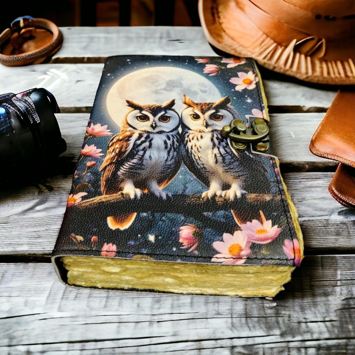 Owl Vintage leather Journal - Blank Spell Book of Shadows, Grimoire , Travel Writing Notebook, Antique Deckle Edge Paper with Lock Closure