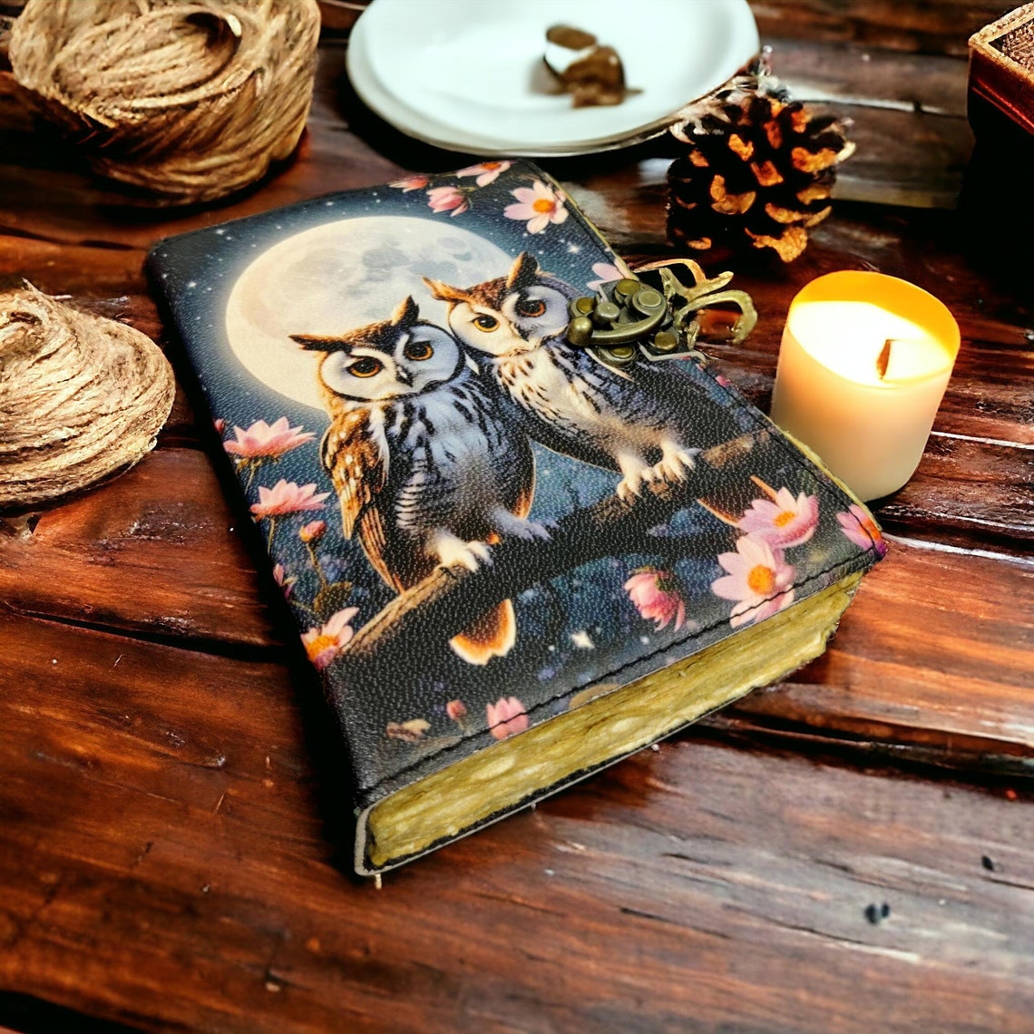 Owl Vintage leather Journal - Blank Spell Book of Shadows, Grimoire , Travel Writing Notebook, Antique Deckle Edge Paper with Lock Closure