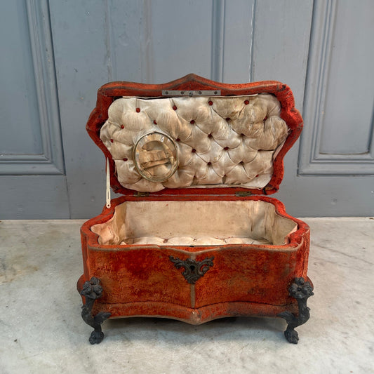 Antique French trinket jewellery vanity box with velvet cladding