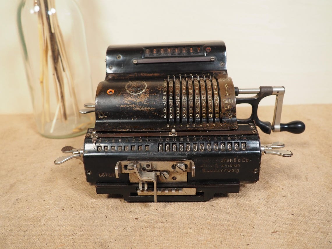 Original BRUNSVIGA Calculator (1920's) with base and case rare antique calculating machine calculation