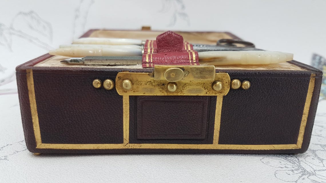 Antique sewing etui trunk, small Victorian leather covered sewing box with gilt decoration, collectable antique sewing and needlework tools