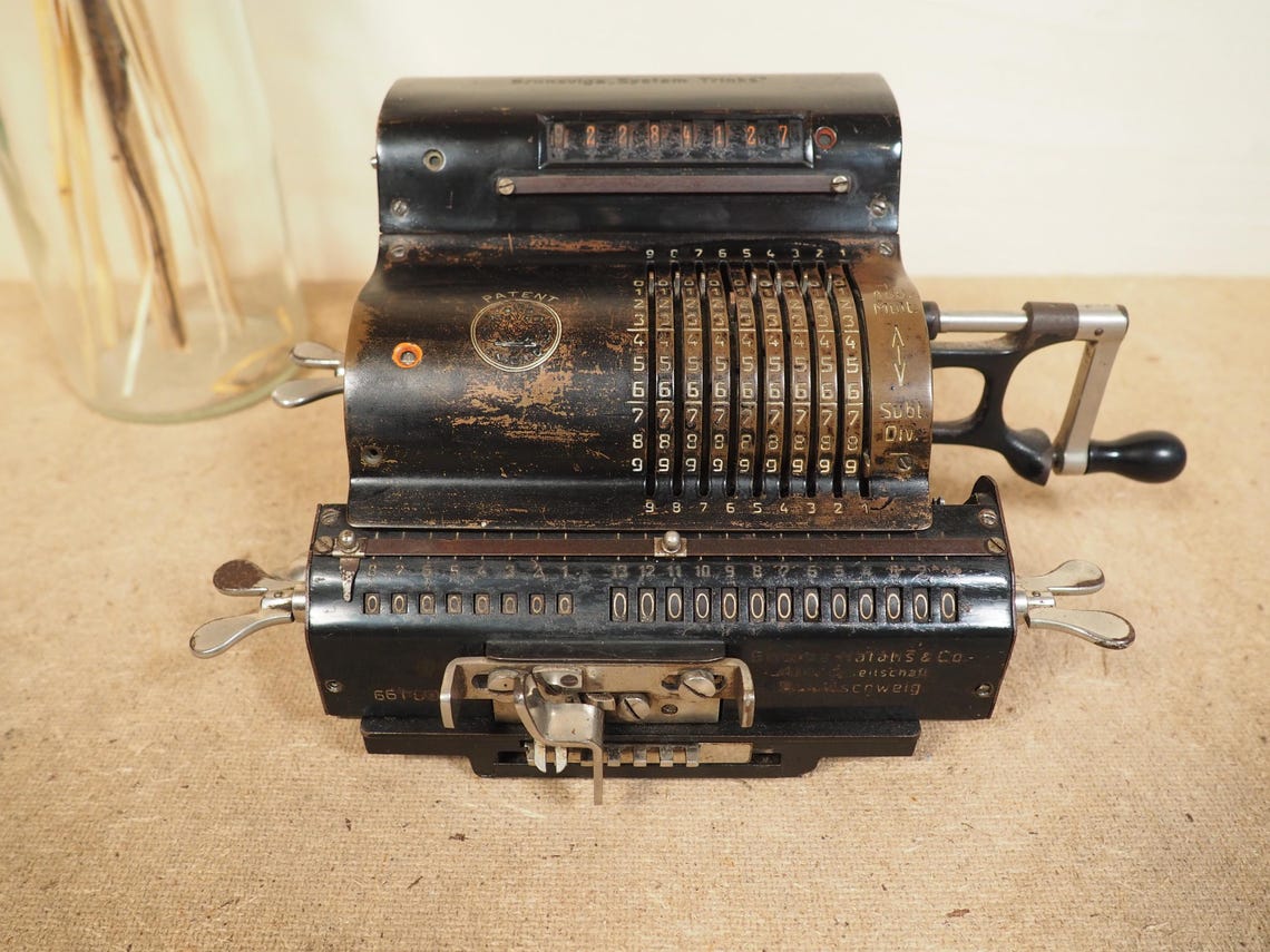 Original BRUNSVIGA Calculator (1920's) with base and case rare antique calculating machine calculation