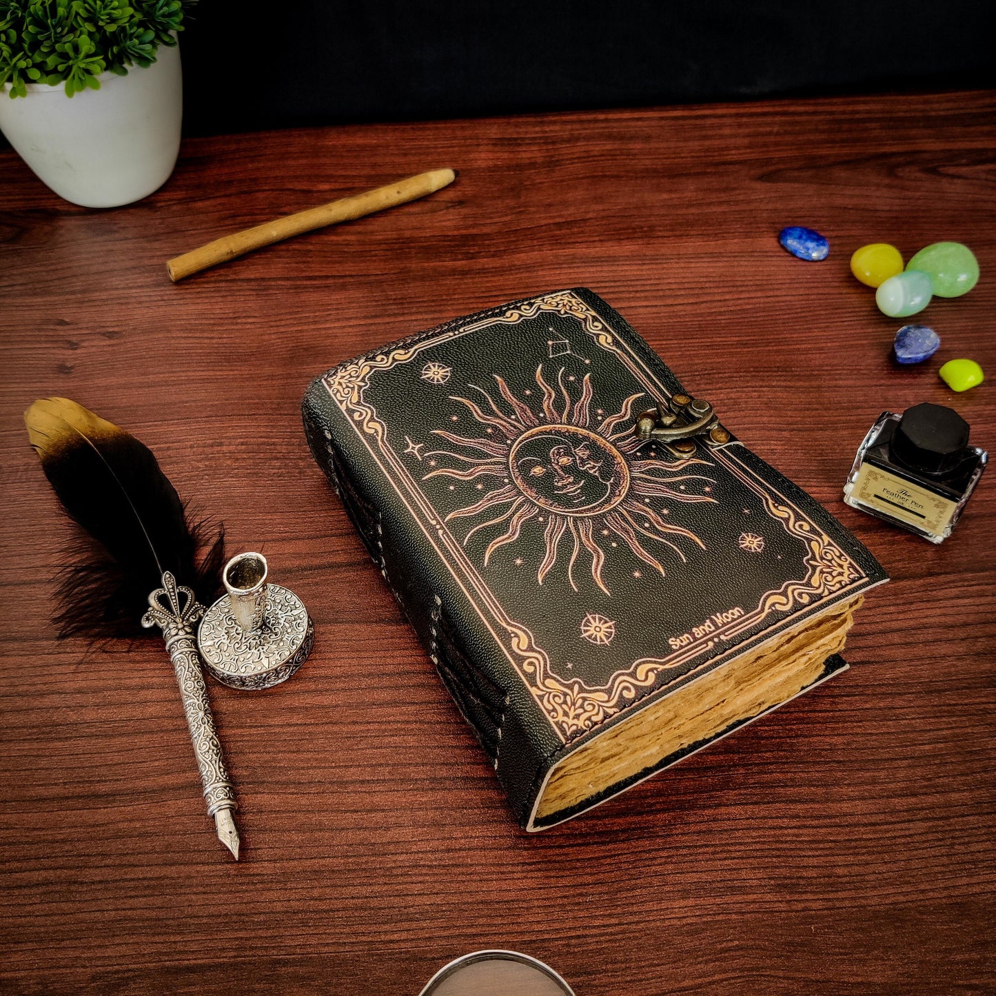 Sun and Moon Vintage Leather Journal Grimoire Journal Blank Spell Book of Shadows Handmade Journal with 200 pages Metal Clasp Lock Gifts